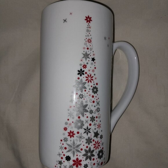 Christmas Tree Grey Red Gold Star Tall Skinny Large Coffee Mug - Picture 2 of 5
